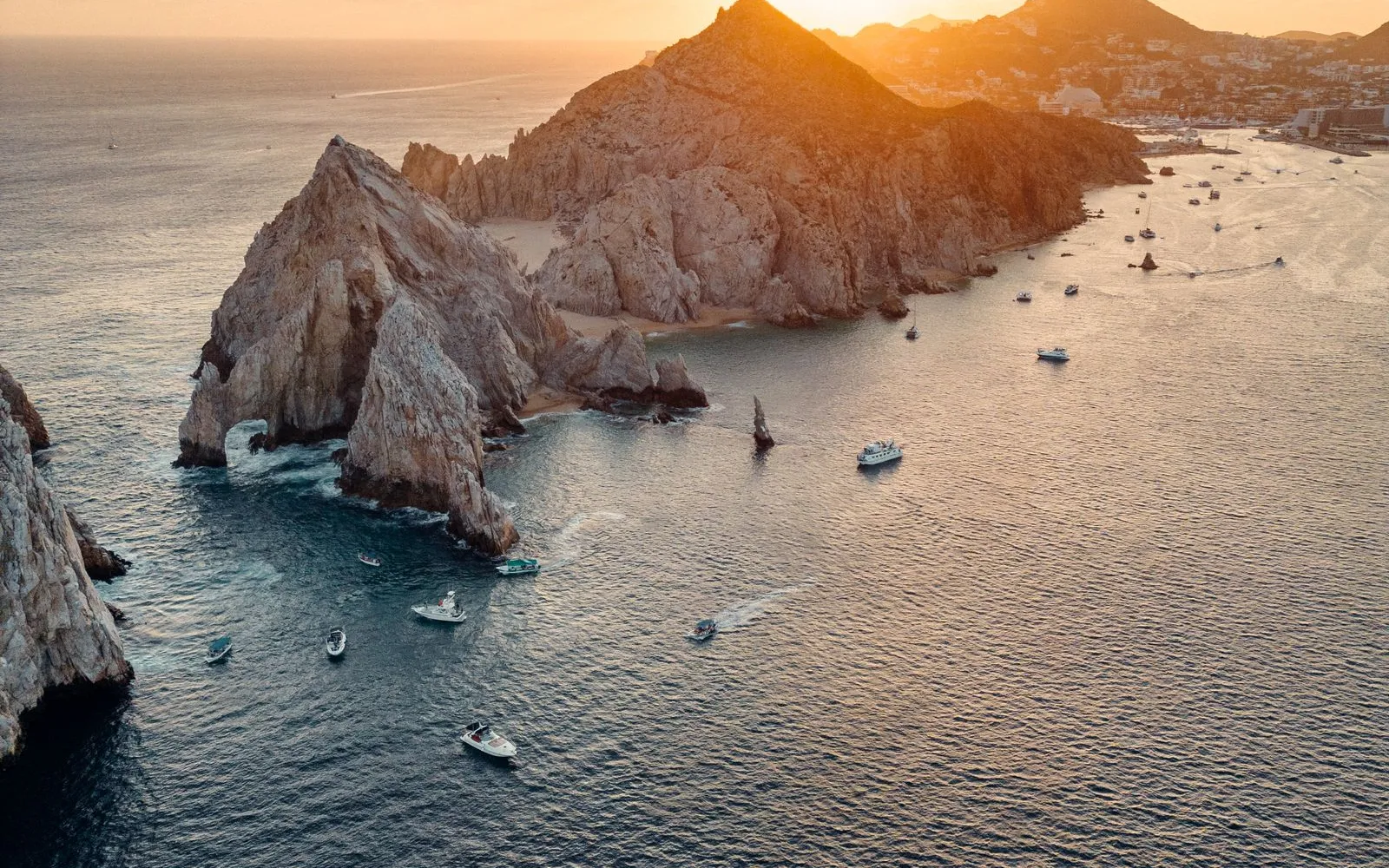 Aerial of Land's End and the arch at sunset, Cabo San Lucas.