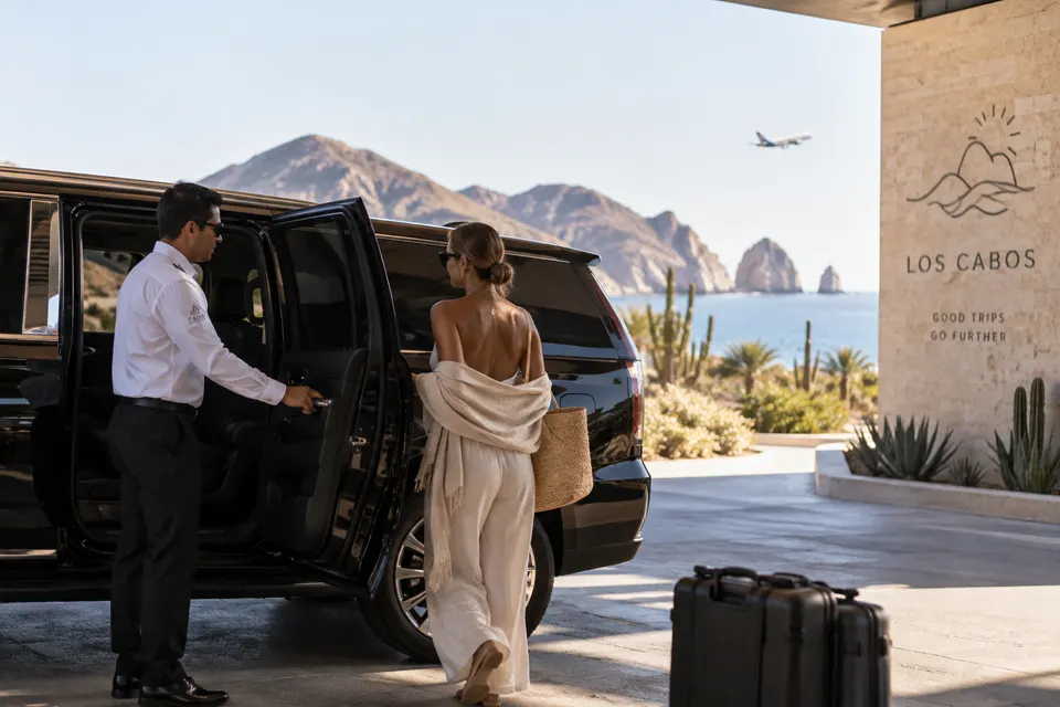 A driver opening the door of a private SUV for a guest in Los Cabos, with Land's End in the distance.